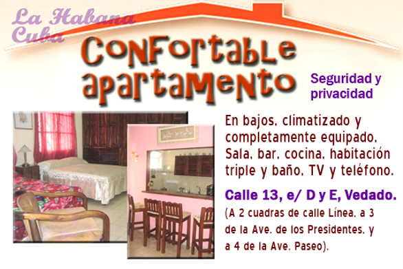 Renta de apartamento en el Vedado. Confortable, centrico y seguro.